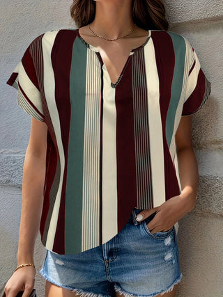 Striped Notched Short Sleeve Blouse - A Roese Boutique