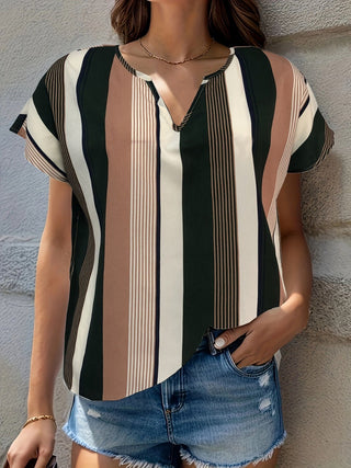 Striped Notched Short Sleeve Blouse - A Roese Boutique