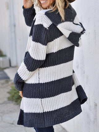 Striped Open Front Hooded Cardigan - A Roese Boutique