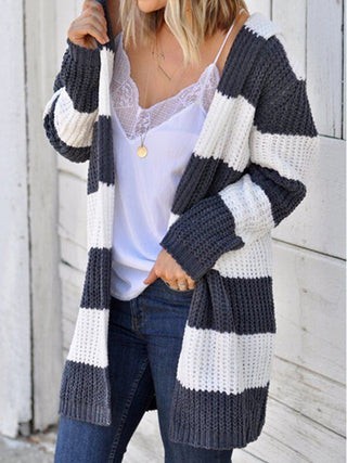 Striped Open Front Hooded Cardigan - A Roese Boutique