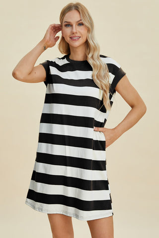 Striped Round Neck Cap Sleeve Mini Dress - A Roese Boutique