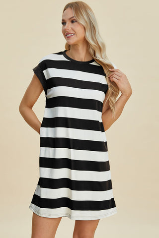 Striped Round Neck Cap Sleeve Mini Dress - A Roese Boutique