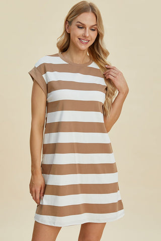 Striped Round Neck Cap Sleeve Mini Dress - A Roese Boutique