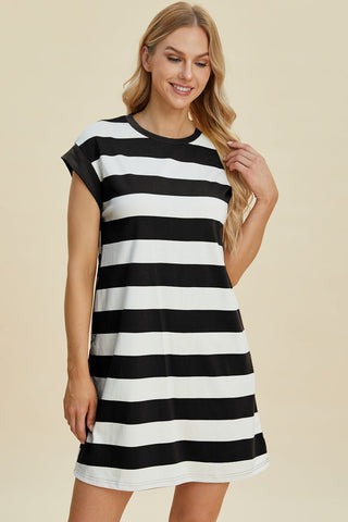 Striped Round Neck Cap Sleeve Mini Dress - A Roese Boutique