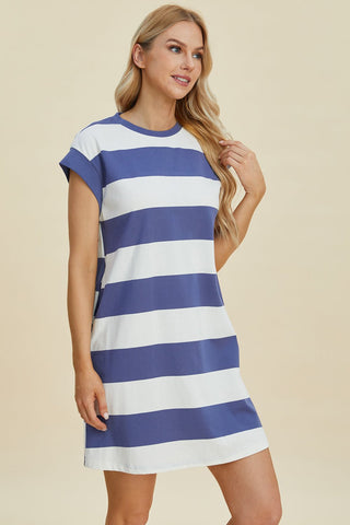 Striped Round Neck Cap Sleeve Mini Dress - A Roese Boutique