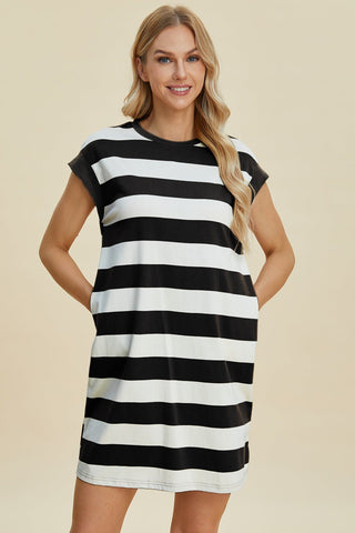 Striped Round Neck Cap Sleeve Mini Dress - A Roese Boutique