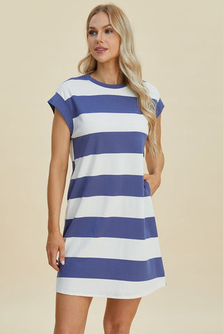 Striped Round Neck Cap Sleeve Mini Dress - A Roese Boutique