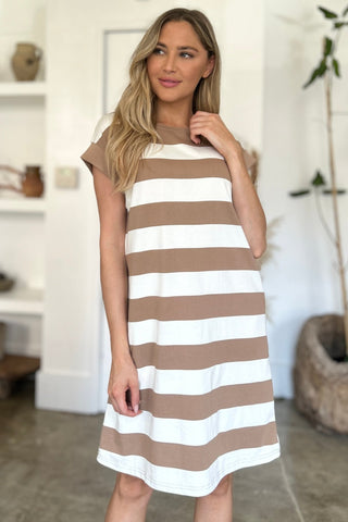 Striped Round Neck Cap Sleeve Mini Dress - A Roese Boutique