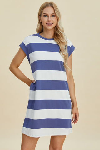 Striped Round Neck Cap Sleeve Mini Dress - A Roese Boutique