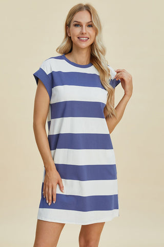 Striped Round Neck Cap Sleeve Mini Dress - A Roese Boutique