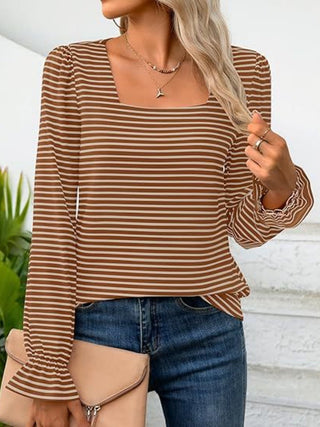 Striped Square Neck Flounce Sleeve Top - A Roese Boutique