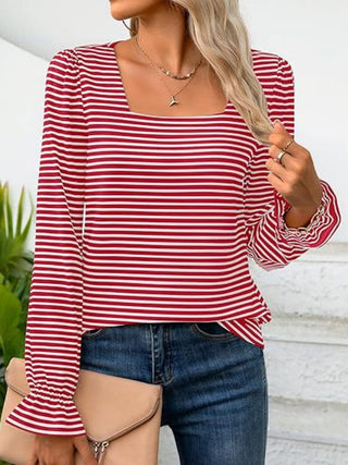 Striped Square Neck Flounce Sleeve Top - A Roese Boutique