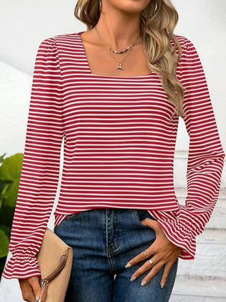 Striped Square Neck Flounce Sleeve Top - A Roese Boutique