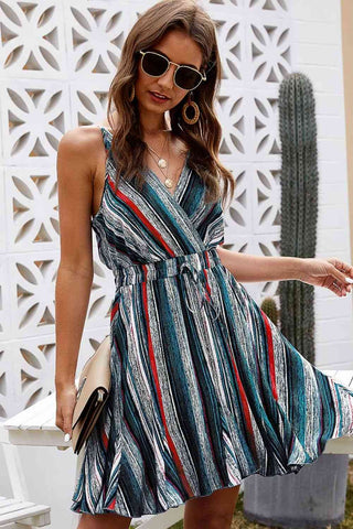 Striped Surplice Neck Spaghetti Strap Dress - A Roese Boutique