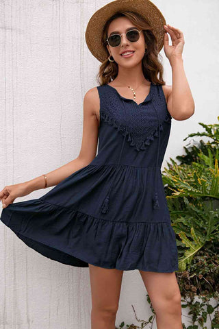 Tassel Tie Lace Trim Sleeveless Dress - A Roese Boutique