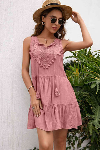 Tassel Tie Lace Trim Sleeveless Dress - A Roese Boutique