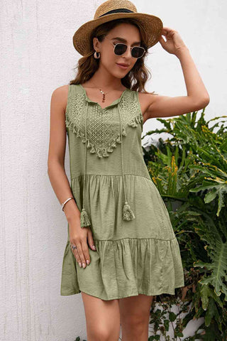 Tassel Tie Lace Trim Sleeveless Dress - A Roese Boutique