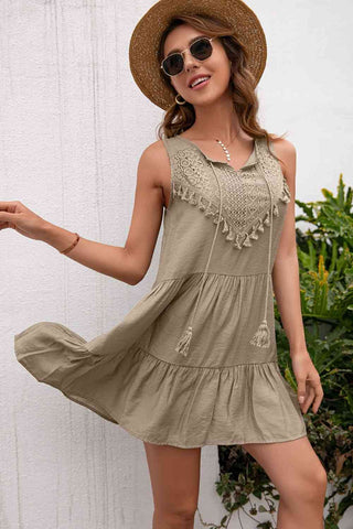 Tassel Tie Lace Trim Sleeveless Dress - A Roese Boutique