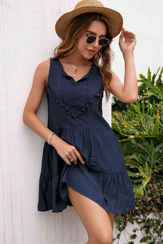 Tassel Tie Lace Trim Sleeveless Dress - A Roese Boutique