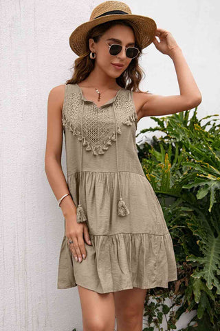 Tassel Tie Lace Trim Sleeveless Dress - A Roese Boutique