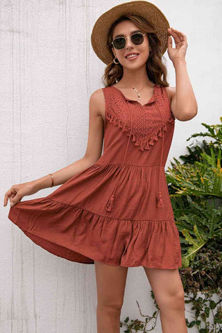 Tassel Tie Lace Trim Sleeveless Dress - A Roese Boutique