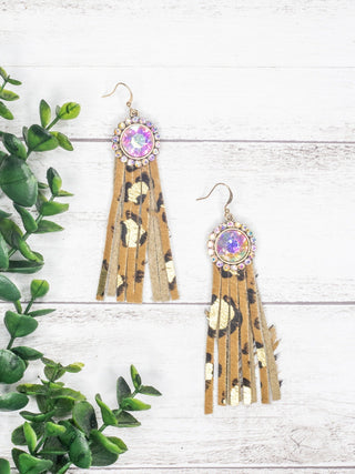 Texas Chica Floral Iridescent Crystal Leopard Fringe Earrings - A Roese Boutique