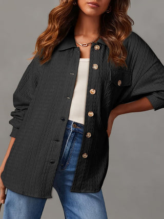 Textured Button Up Long Sleeve Shacket - A Roese Boutique