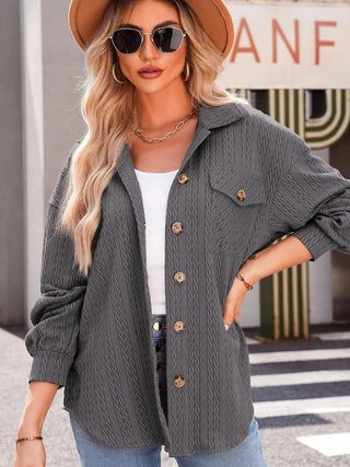 Textured Button Up Long Sleeve Shacket - A Roese Boutique