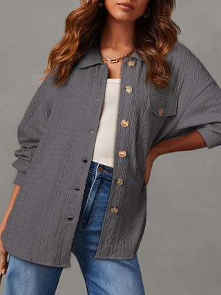 Textured Button Up Long Sleeve Shacket - A Roese Boutique