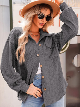 Textured Button Up Long Sleeve Shacket - A Roese Boutique