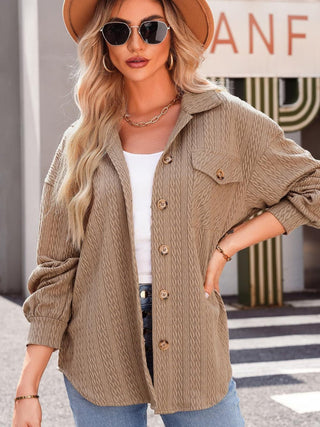 Textured Button Up Long Sleeve Shacket - A Roese Boutique