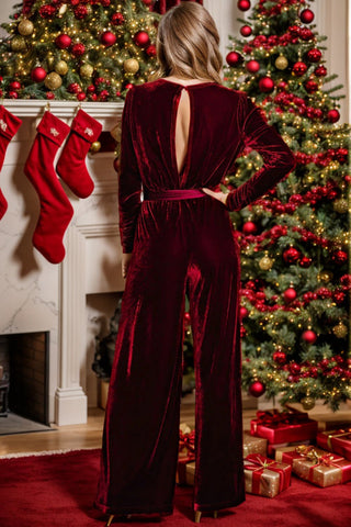 Tie Waist Long Sleeve Wide Leg Jumpsuit - A Roese Boutique