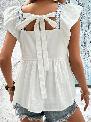 Tied Embroidered Ruffled Square Neck Cap Sleeve Blouse - A Roese Boutique