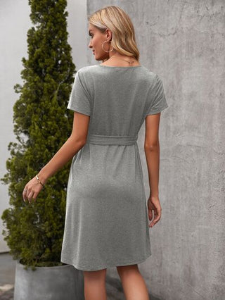 Tied Notched Short Sleeve Dress - A Roese Boutique