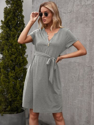 Tied Notched Short Sleeve Dress - A Roese Boutique