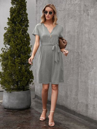 Tied Notched Short Sleeve Dress - A Roese Boutique