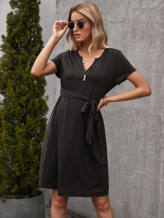 Tied Notched Short Sleeve Dress - A Roese Boutique