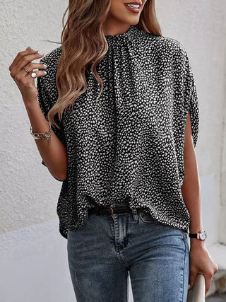 Tied Printed Mock Neck Half Sleeve Blouse - A Roese Boutique