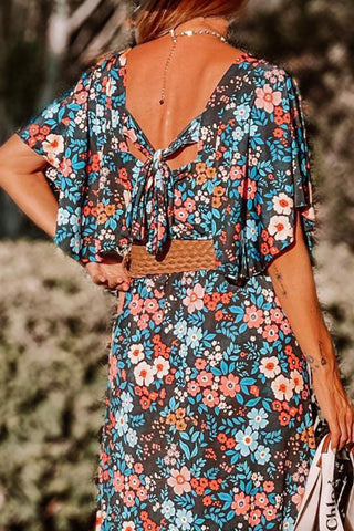 Tied Printed Round Neck Half Sleeve Dress - A Roese Boutique