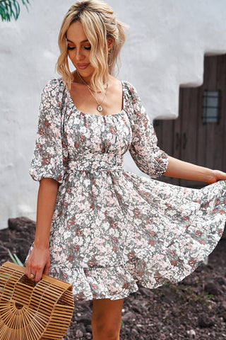 Tied Printed Square Neck Half Sleeve Dress - A Roese Boutique