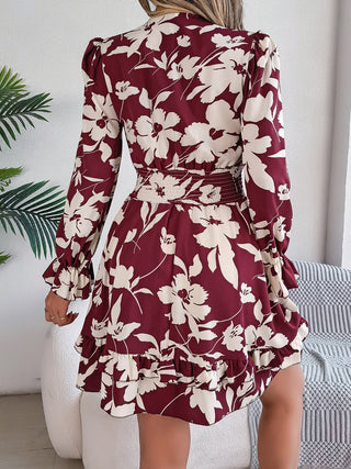 Tied Ruffled Printed Long Sleeve Dress - A Roese Boutique