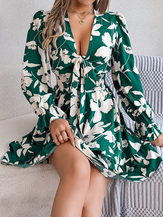 Tied Ruffled Printed Long Sleeve Dress - A Roese Boutique