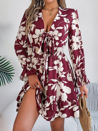 Tied Ruffled Printed Long Sleeve Dress - A Roese Boutique