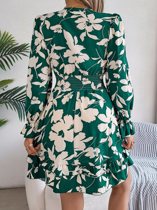 Tied Ruffled Printed Long Sleeve Dress - A Roese Boutique