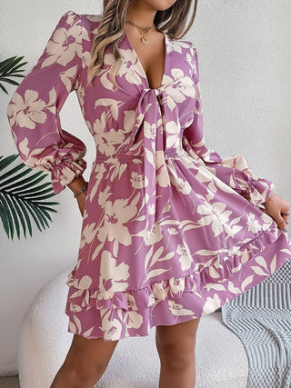 Tied Ruffled Printed Long Sleeve Dress - A Roese Boutique