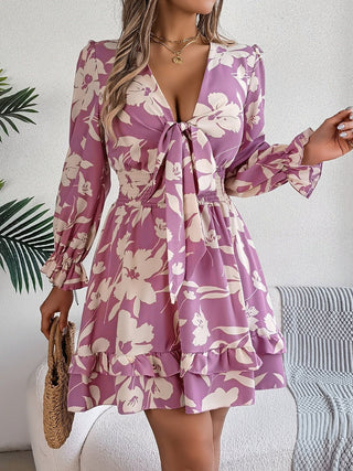 Tied Ruffled Printed Long Sleeve Dress - A Roese Boutique