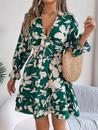 Tied Ruffled Printed Long Sleeve Dress - A Roese Boutique