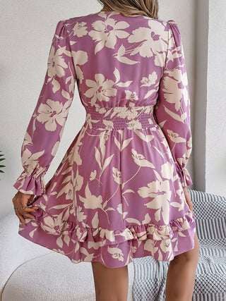 Tied Ruffled Printed Long Sleeve Dress - A Roese Boutique