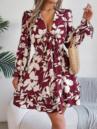 Tied Ruffled Printed Long Sleeve Dress - A Roese Boutique