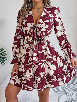 Tied Ruffled Printed Long Sleeve Dress - A Roese Boutique